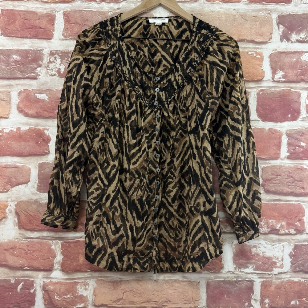 Anthropologie Top Women's XS Brown Black Abstract Embroidered Button Front Shirt